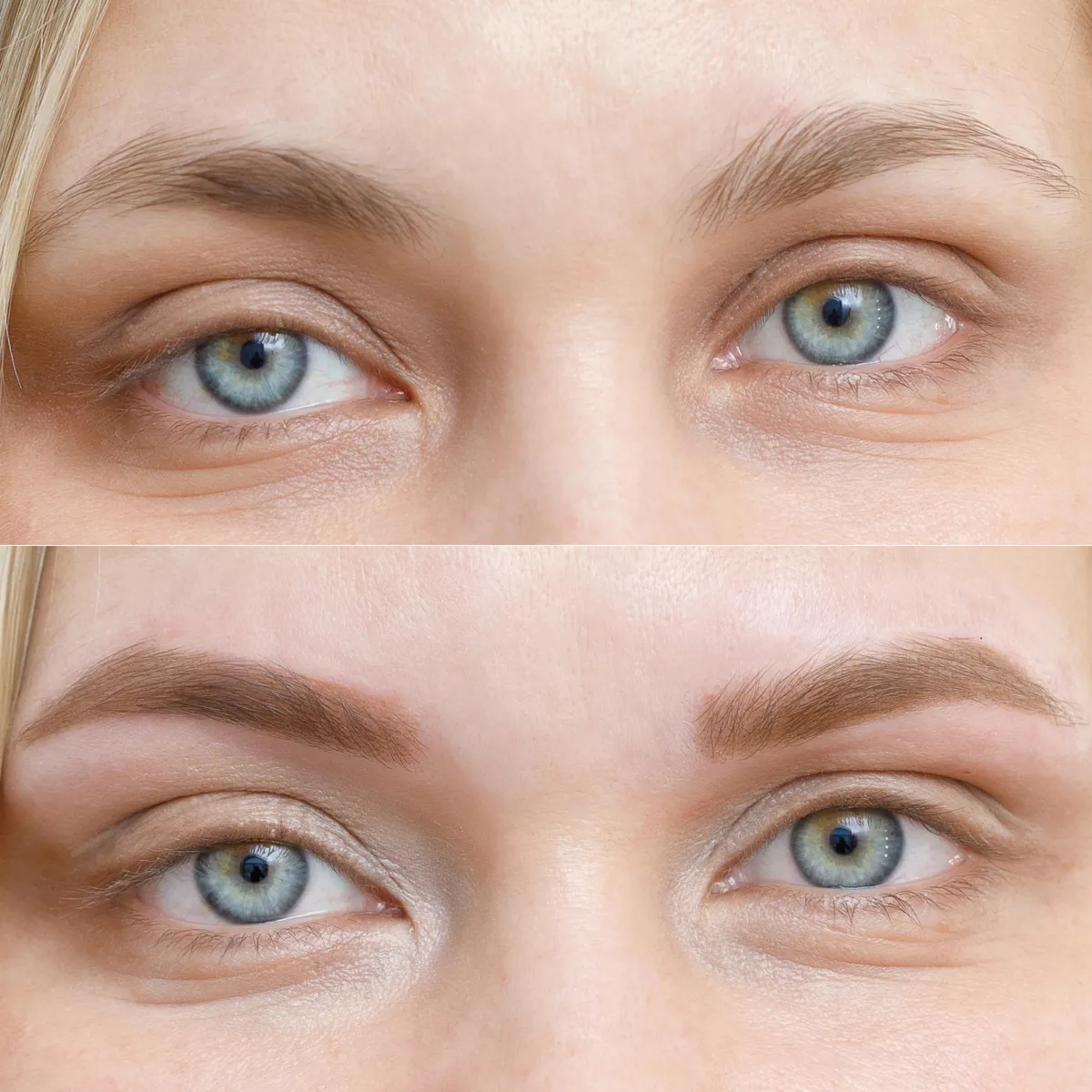 Vorher und Nachher Micropigmentation, natürlich definierte Brauen